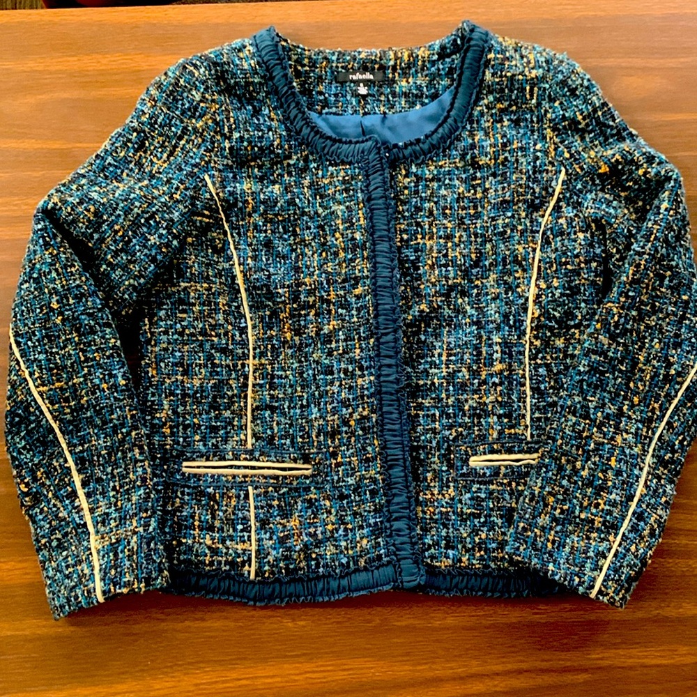 Rafaella Wool Tweed Blazer Jacket Blue with Gold Accents Leather Slits Womens 1